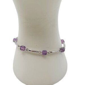 Monet Purple Beaded Station Link Bangle Bracelet Silver Tone Vintage